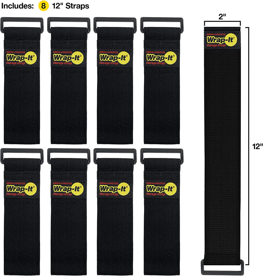 Super-Stretch  Straps - 12" (8 Pack) - Elastic Hook and Loop Cinch Straps